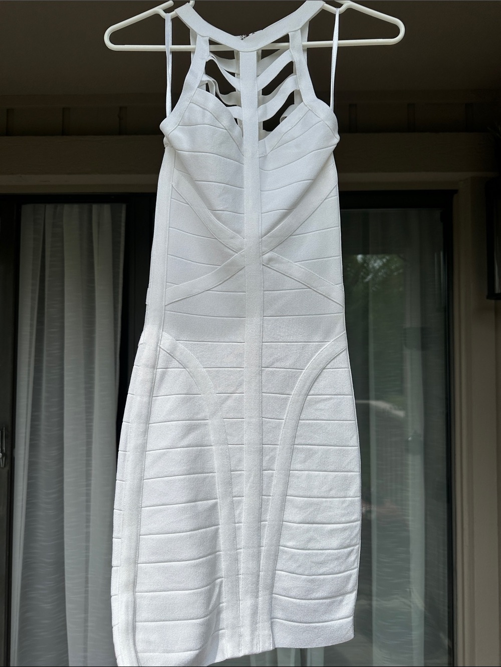 bebe White One-Shoulder Bandage Dress with Strappy Neckline